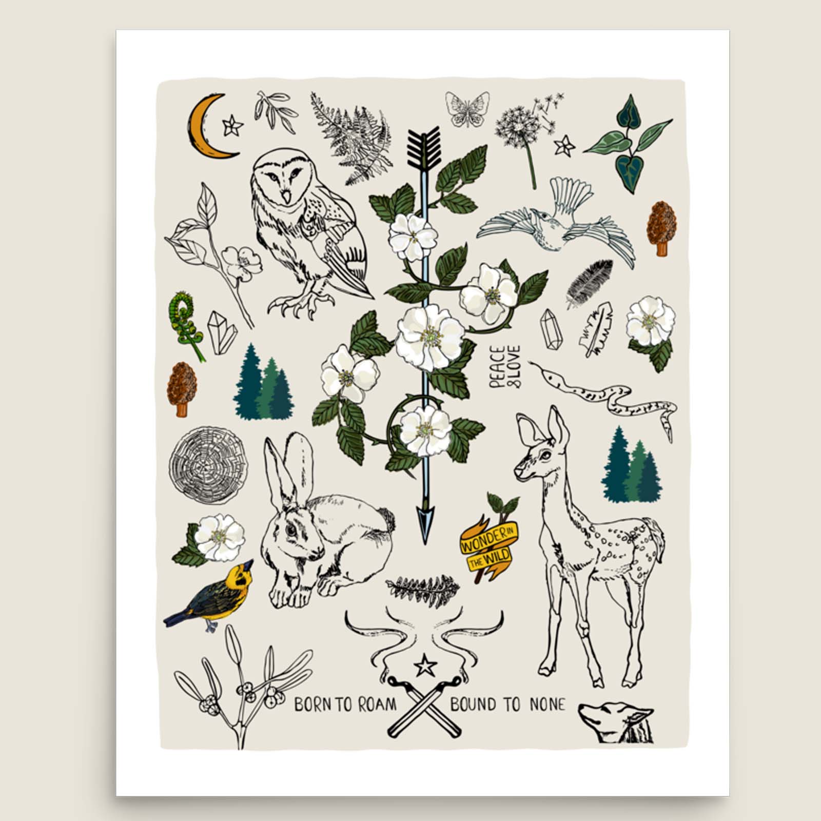 Born to Roam art print poster on an ivory background. The artwork has illustrations of wild roses, owl, deer, rabbit, wolf, a crescent moon, ferns, crystals, mushrooms, dandelions, burning matches, and forest icons. 