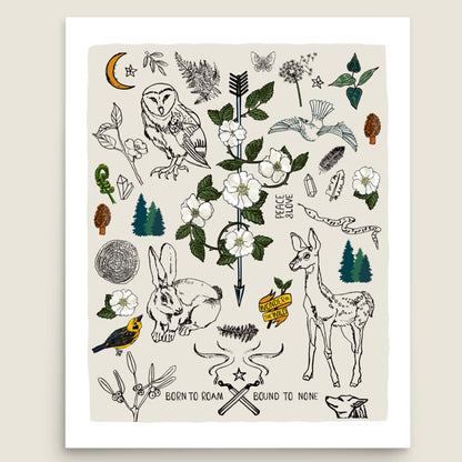 Born to Roam art print poster on an ivory background. The artwork has illustrations of wild roses, owl, deer, rabbit, wolf, a crescent moon, ferns, crystals, mushrooms, dandelions, burning matches, and forest icons. 