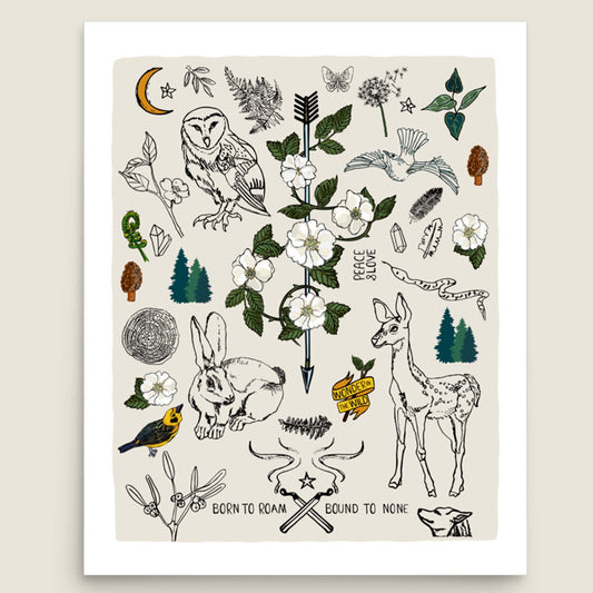 Born to Roam art print poster on an ivory background. The artwork has illustrations of wild roses, owl, deer, rabbit, wolf, a crescent moon, ferns, crystals, mushrooms, dandelions, burning matches, and forest icons. 