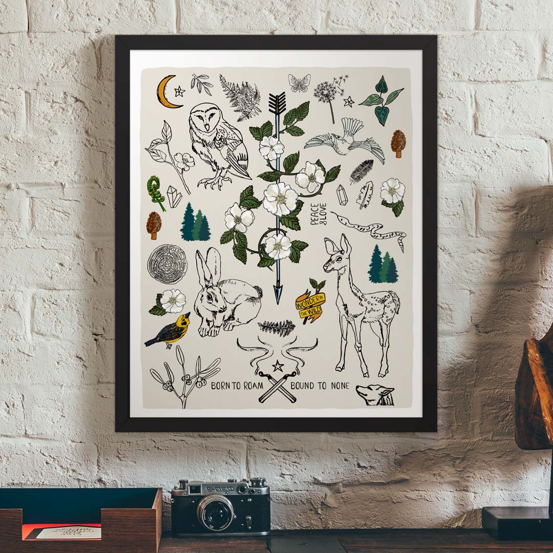 Born to Roam art print, framed in a black wood frame and hung above a vintage desk.