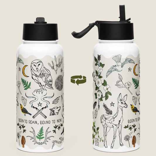 Born to Roam stainless steel insulated water bottle with leakproof straw lid. Image shows both sides of the water bottle.
