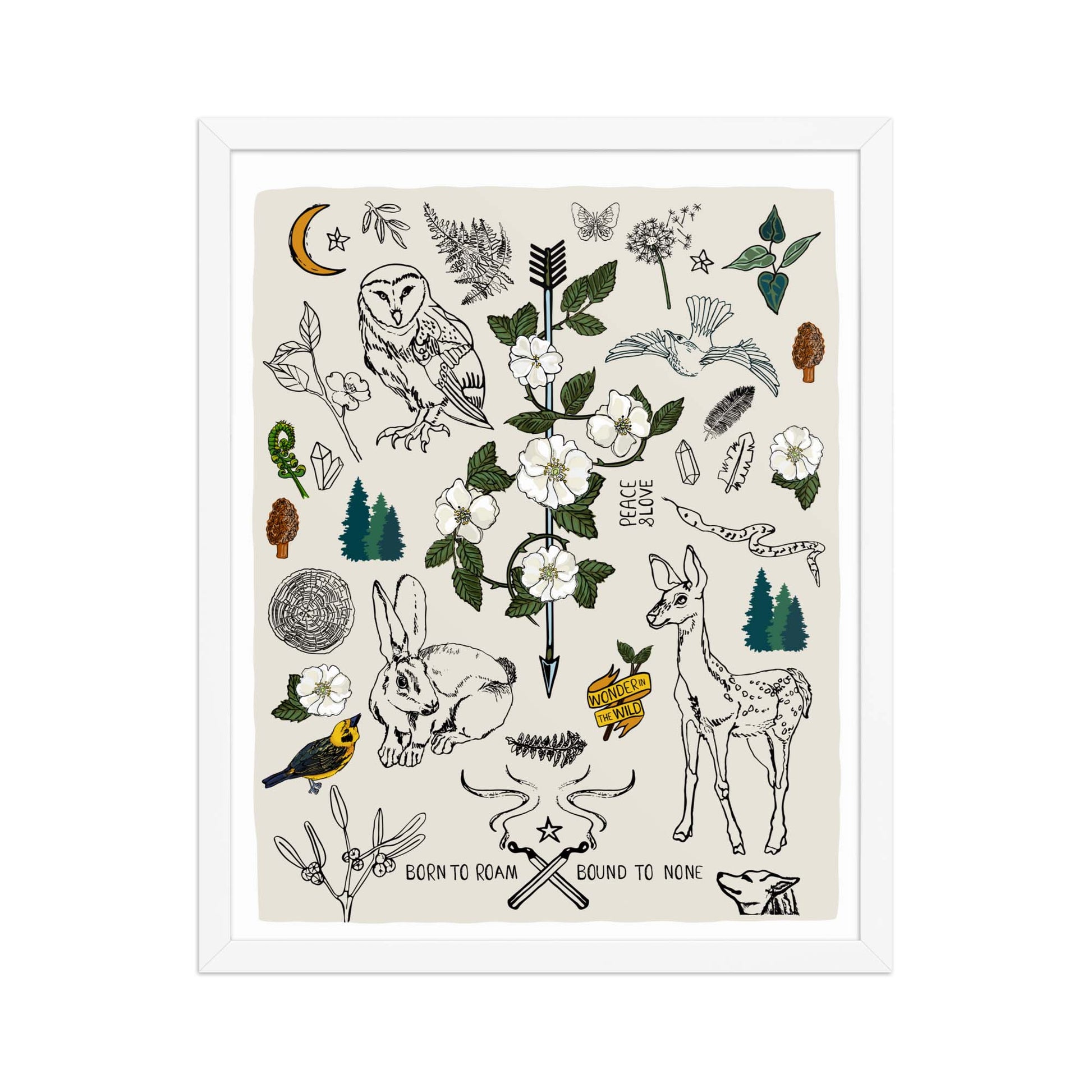 "Born to Roam" artwork with nature-themed illustrations including an owl, rabbit, deer, snake, flowers, wild roses, pine trees, mushrooms, and birds, on an ivory background. 16x20 art print, framed in a white wood frame. 
