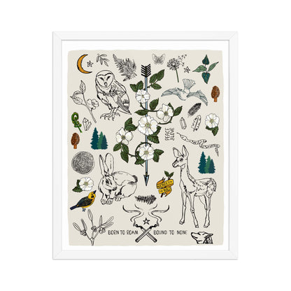 "Born to Roam" artwork with nature-themed illustrations including an owl, rabbit, deer, snake, flowers, wild roses, pine trees, mushrooms, and birds, on an ivory background. 16x20 art print, framed in a white wood frame. 