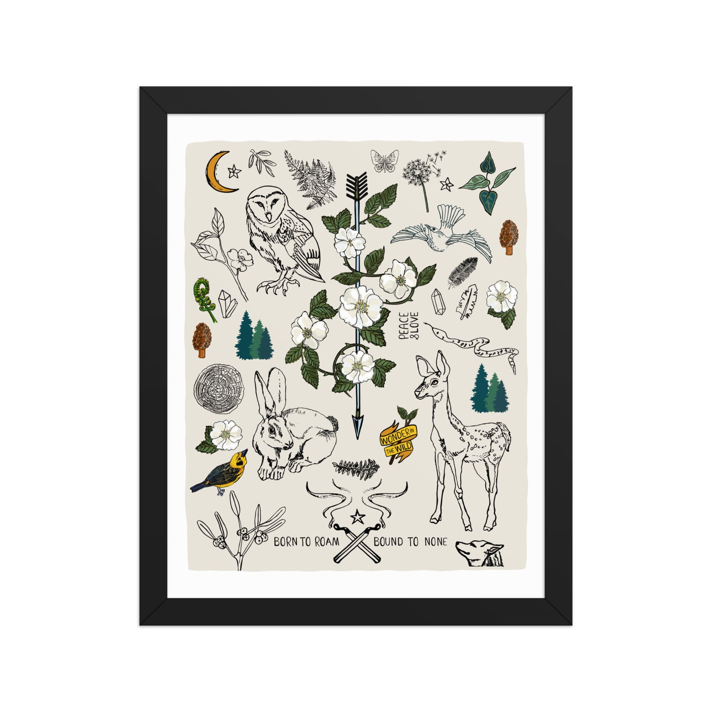 "Born to Roam" artwork with nature-themed illustrations including an owl, rabbit, deer, snake, flowers, wild roses, pine trees, mushrooms, and birds, on an ivory background. 11x14 art print, framed in a black wood frame. 