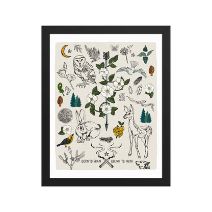 "Born to Roam" artwork with nature-themed illustrations including an owl, rabbit, deer, snake, flowers, wild roses, pine trees, mushrooms, and birds, on an ivory background. 11x14 art print, framed in a black wood frame. 