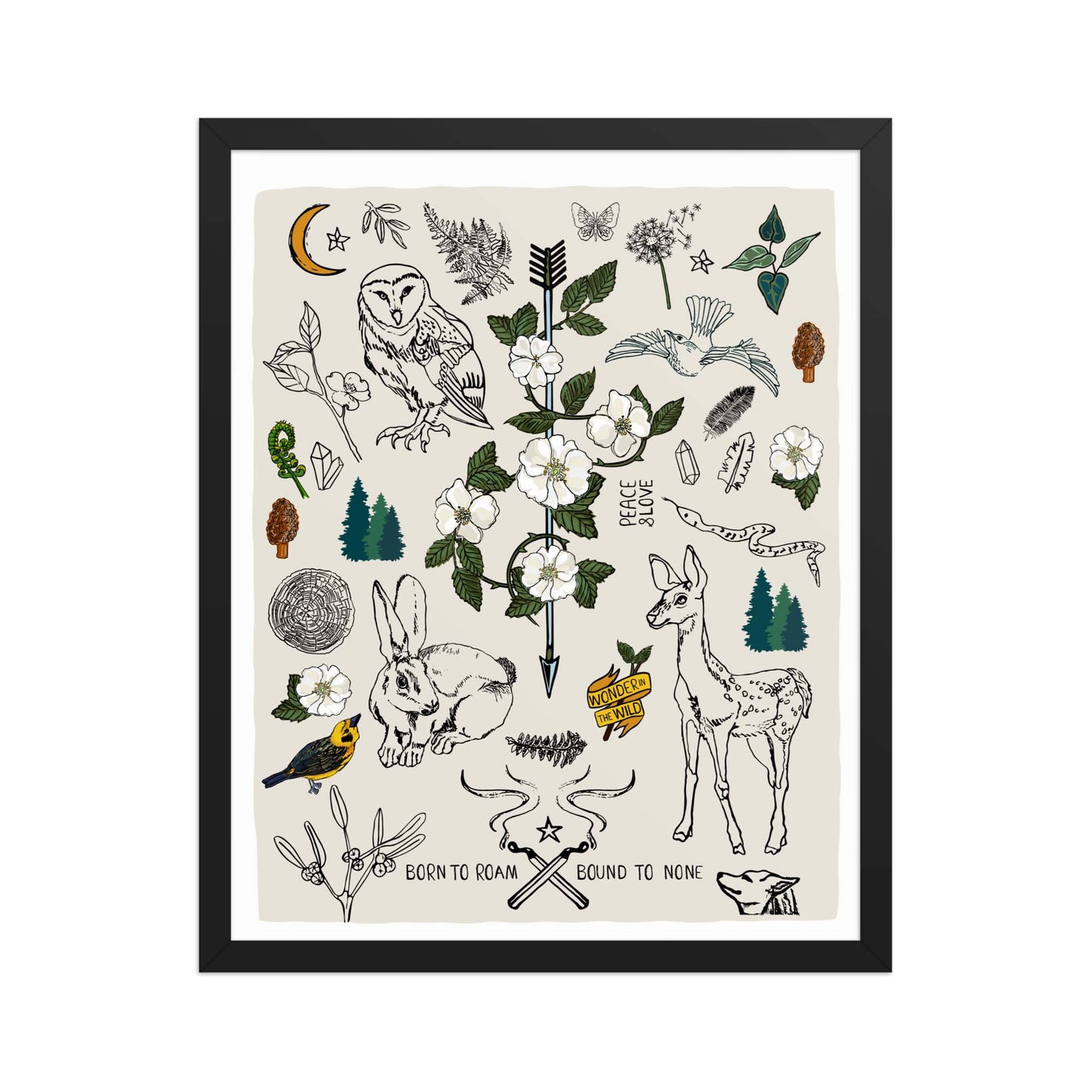 "Born to Roam" artwork with nature-themed illustrations including an owl, rabbit, deer, snake, flowers, wild roses, pine trees, mushrooms, and birds, on an ivory background. 16x20 art print, framed in a black wood frame. 