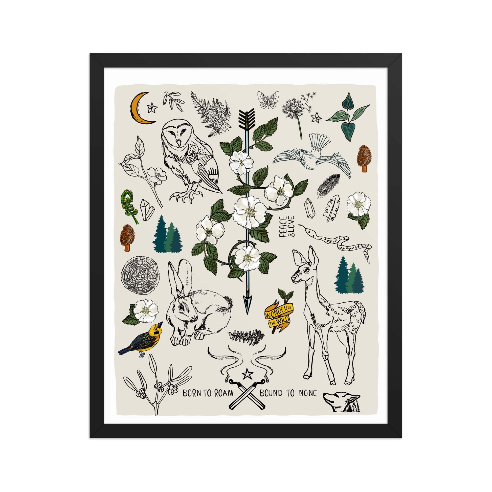 "Born to Roam" artwork with nature-themed illustrations including an owl, rabbit, deer, snake, flowers, wild roses, pine trees, mushrooms, and birds, on an ivory background. 16x20 art print, framed in a black wood frame. 