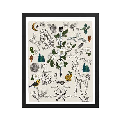 "Born to Roam" artwork with nature-themed illustrations including an owl, rabbit, deer, snake, flowers, wild roses, pine trees, mushrooms, and birds, on an ivory background. 16x20 art print, framed in a black wood frame. 