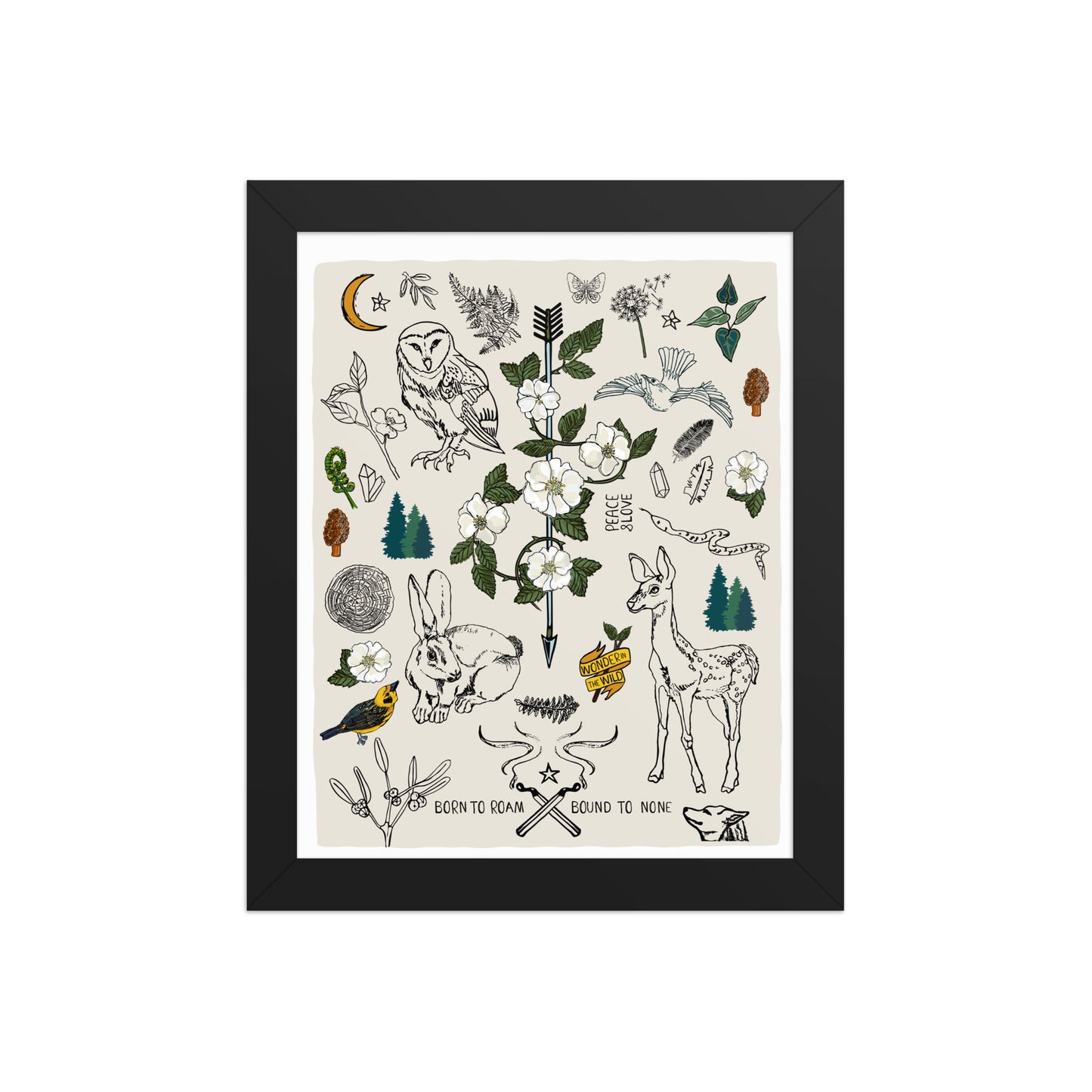 "Born to Roam" artwork with nature-themed illustrations including an owl, rabbit, deer, snake, flowers, wild roses, pine trees, mushrooms, and birds, on an ivory background. 8x10 art print, framed in a black wood frame. 