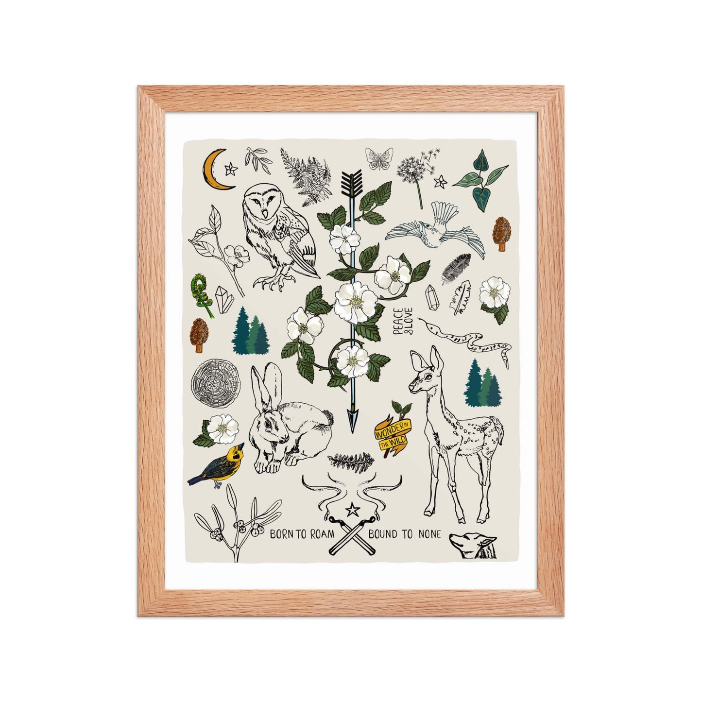 "Born to Roam" artwork with nature-themed illustrations including an owl, rabbit, deer, snake, flowers, wild roses, pine trees, mushrooms, and birds, on an ivory background. 11x14 art print, framed in a natural wood frame. 