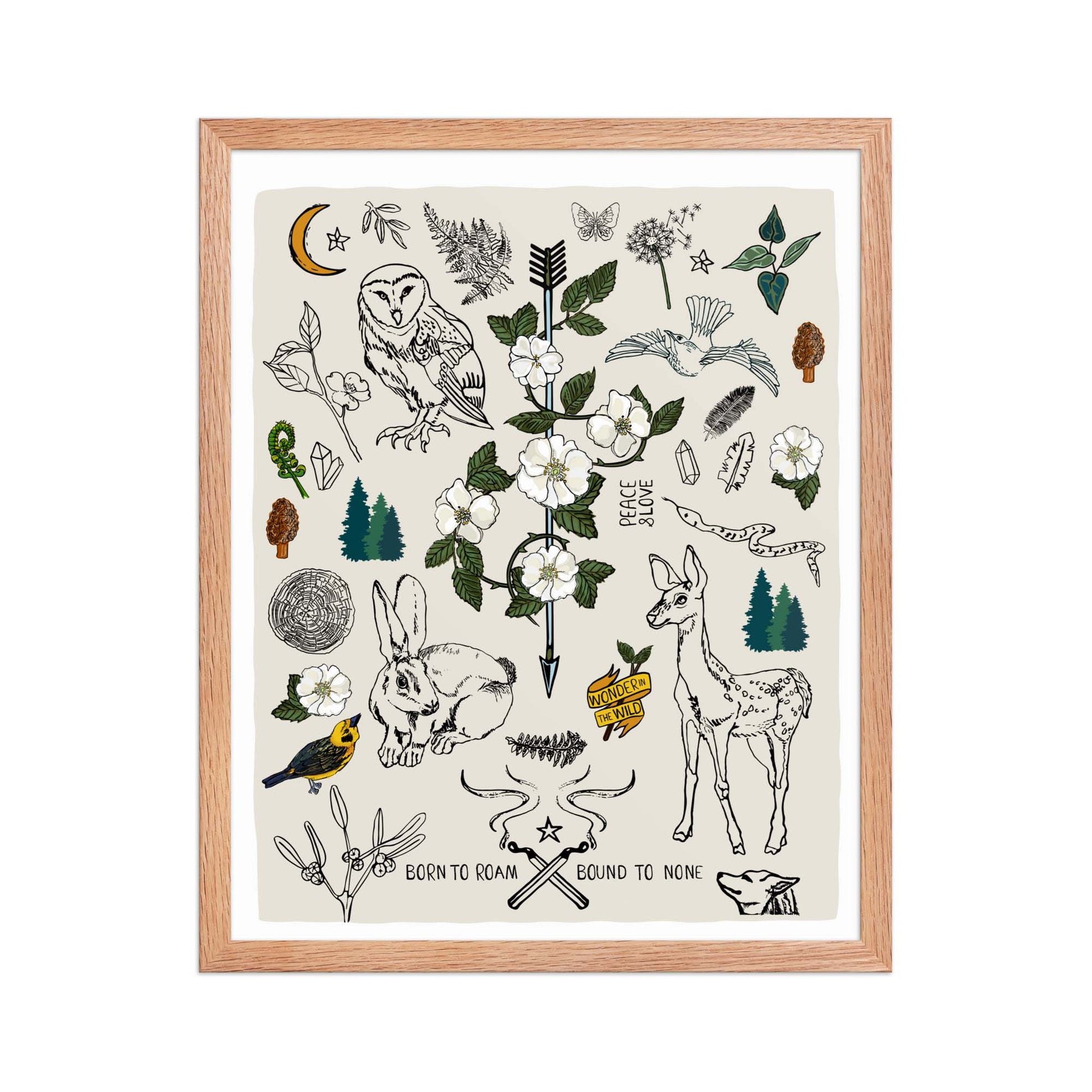 "Born to Roam" artwork with nature-themed illustrations including an owl, rabbit, deer, snake, flowers, wild roses, pine trees, mushrooms, and birds, on an ivory background. 16x20 art print, framed in a natural wood frame. 
