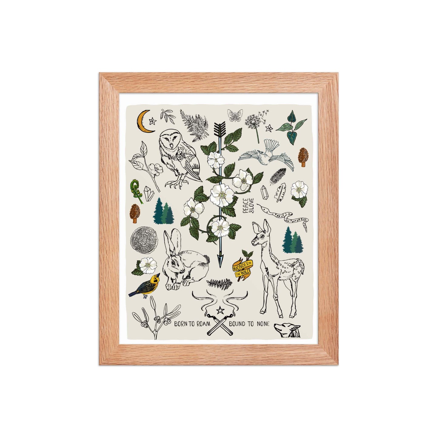 "Born to Roam" artwork with nature-themed illustrations including an owl, rabbit, deer, snake, flowers, wild roses, pine trees, mushrooms, and birds, on an ivory background. 8x10 art print, framed in a natural wood frame. 