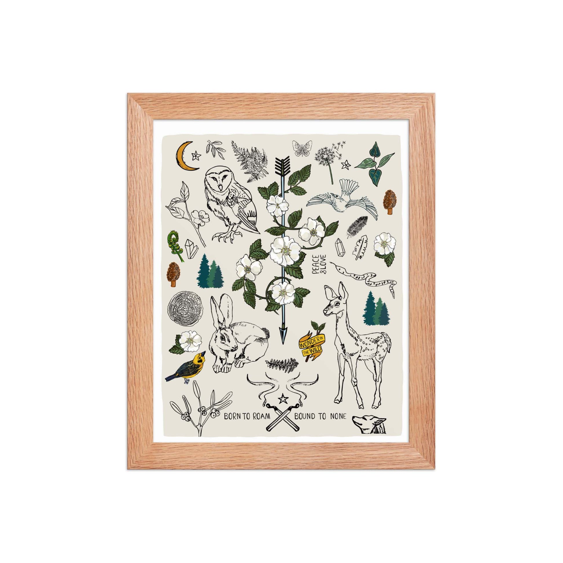 "Born to Roam" artwork with nature-themed illustrations including an owl, rabbit, deer, snake, flowers, wild roses, pine trees, mushrooms, and birds, on an ivory background. 8x10 art print, framed in a natural wood frame. 