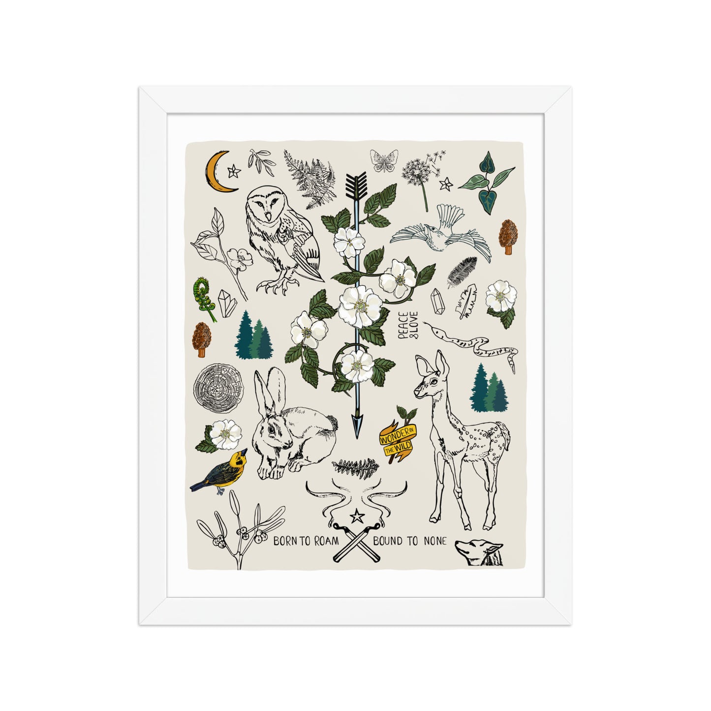 "Born to Roam" artwork with nature-themed illustrations including an owl, rabbit, deer, snake, flowers, wild roses, pine trees, mushrooms, and birds, on an ivory background. 11x14 art print, framed in a white wood frame. 
