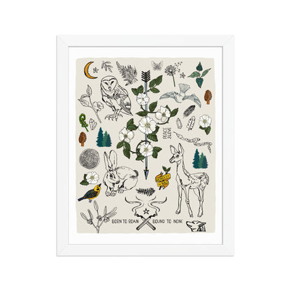 "Born to Roam" artwork with nature-themed illustrations including an owl, rabbit, deer, snake, flowers, wild roses, pine trees, mushrooms, and birds, on an ivory background. 11x14 art print, framed in a white wood frame. 