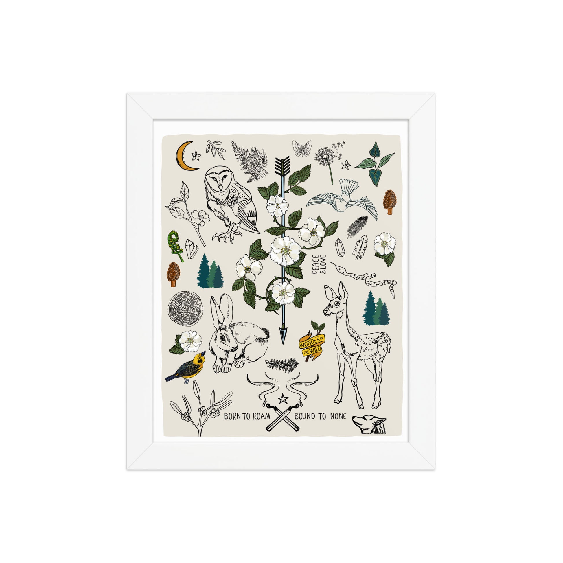 "Born to Roam" artwork with nature-themed illustrations including an owl, rabbit, deer, snake, flowers, wild roses, pine trees, mushrooms, and birds, on an ivory background. 8x10 art print, framed in a white wood frame. 