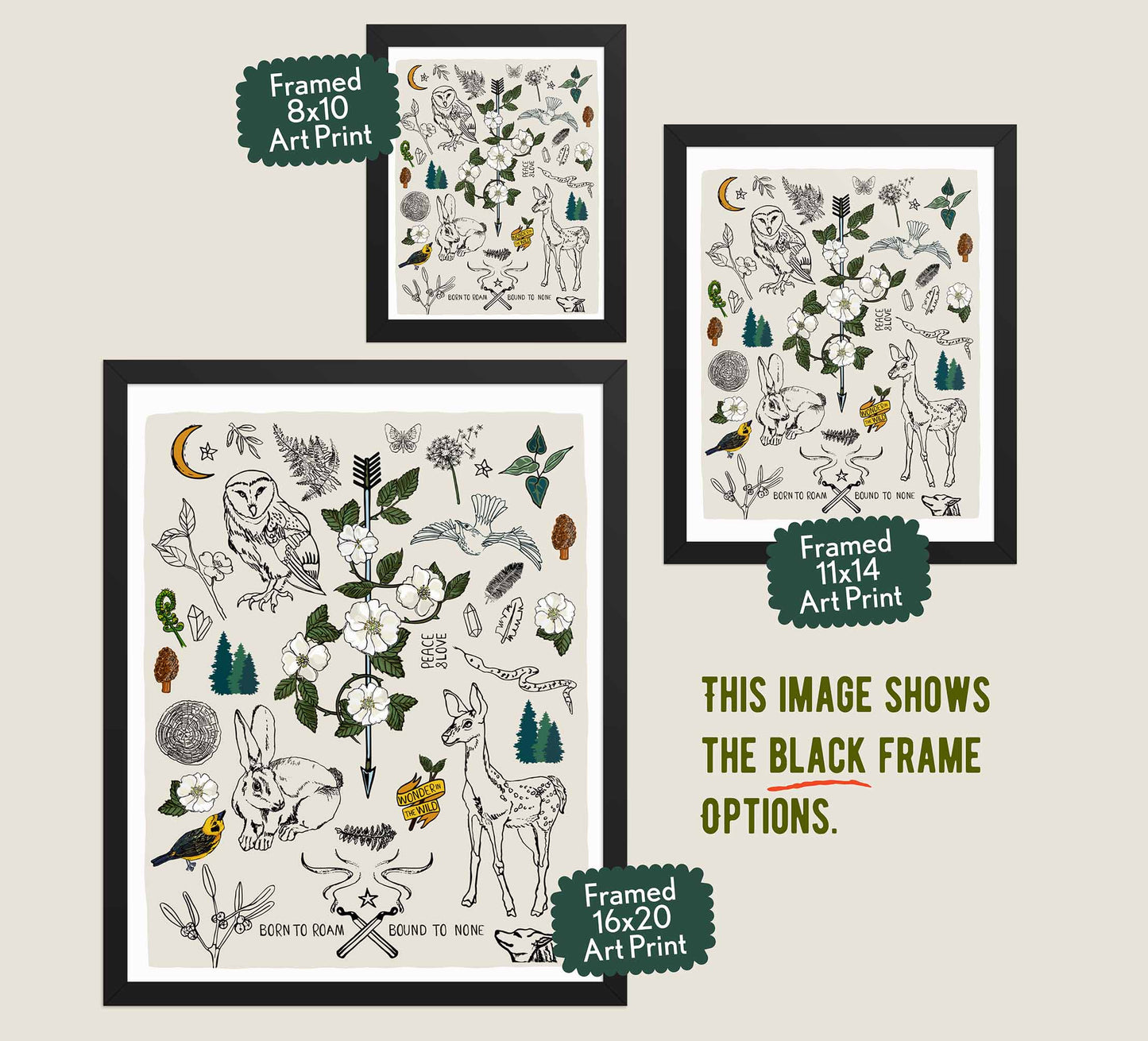 This image shows the three available sizes, which are 8x10, 11x14, and 16x20. This image shows them all in black wood frames.