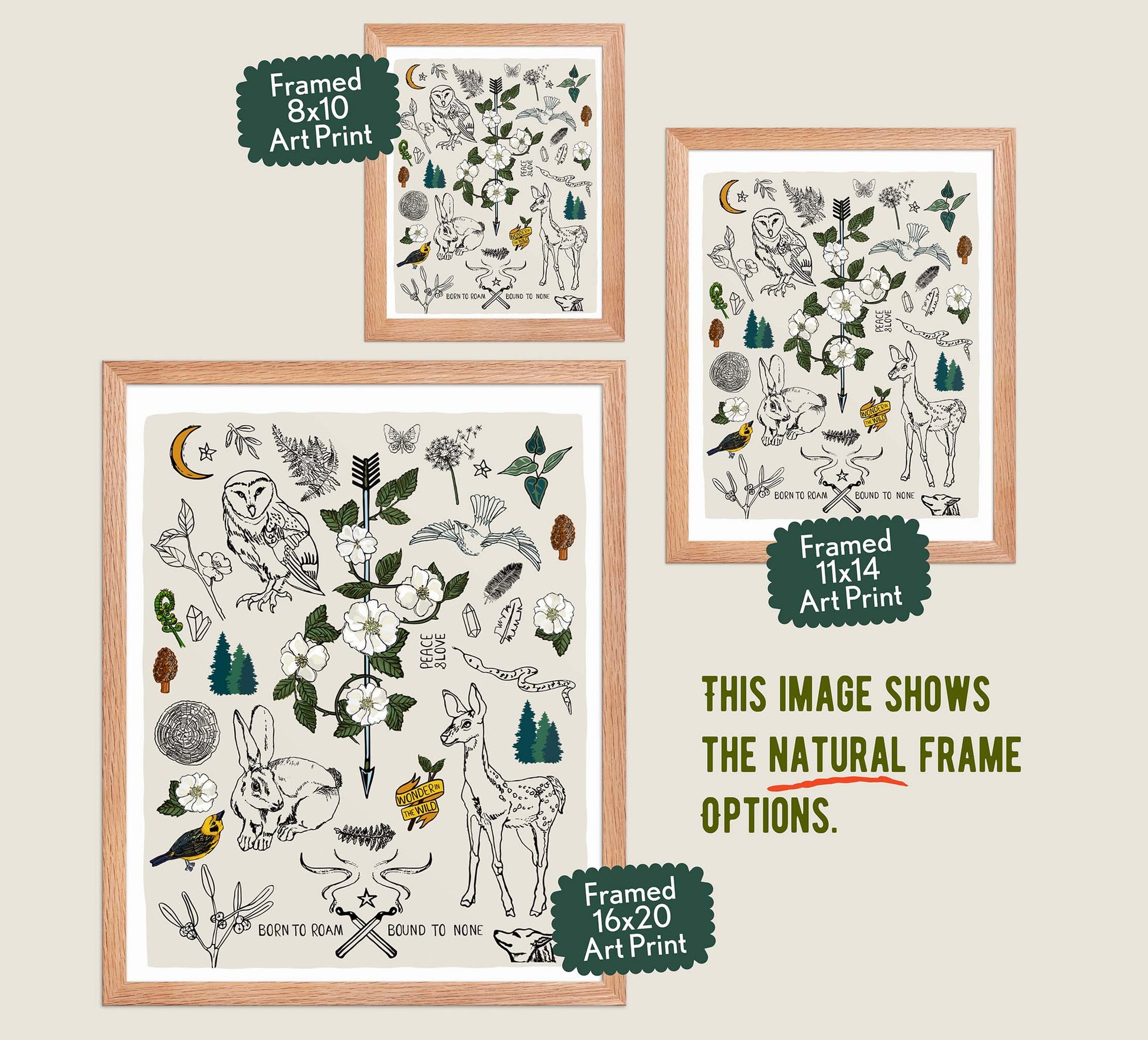 This image shows the three available sizes, which are 8x10, 11x14, and 16x20. This image shows them all in natural wood frames.