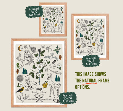 This image shows the three available sizes, which are 8x10, 11x14, and 16x20. This image shows them all in natural wood frames.