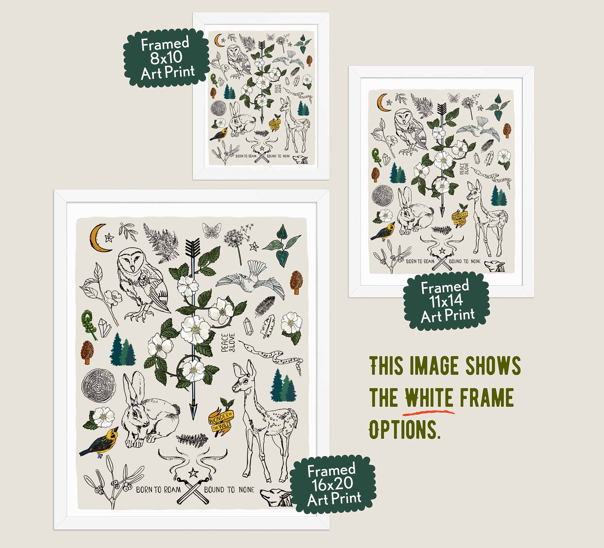 This image shows the three available sizes, which are 8x10, 11x14, and 16x20. This image shows them all in white wood frames.