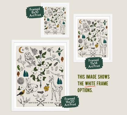 This image shows the three available sizes, which are 8x10, 11x14, and 16x20. This image shows them all in white wood frames.