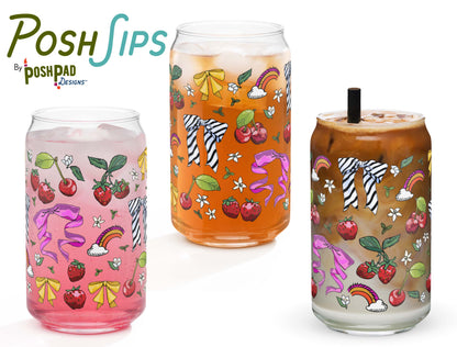 This image shows three glasses, each one with a different drink to show how the glass looks with differently colored liquid in it. There's a glass of pink drink, iced tea, and another with an iced latte.