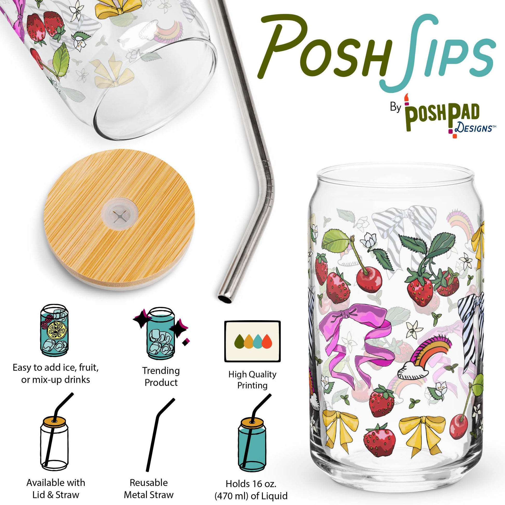 This infographic shows an angle of the glass with the lid and straw sitting beside it and a photo of the glass by itself. Product perks include a wide top that makes it easy to add ice and fruit, high-quality printing, an available option with a reusable metal straw and eco-friendly bamboo lid, and it holds 16 ounces of liquid.
