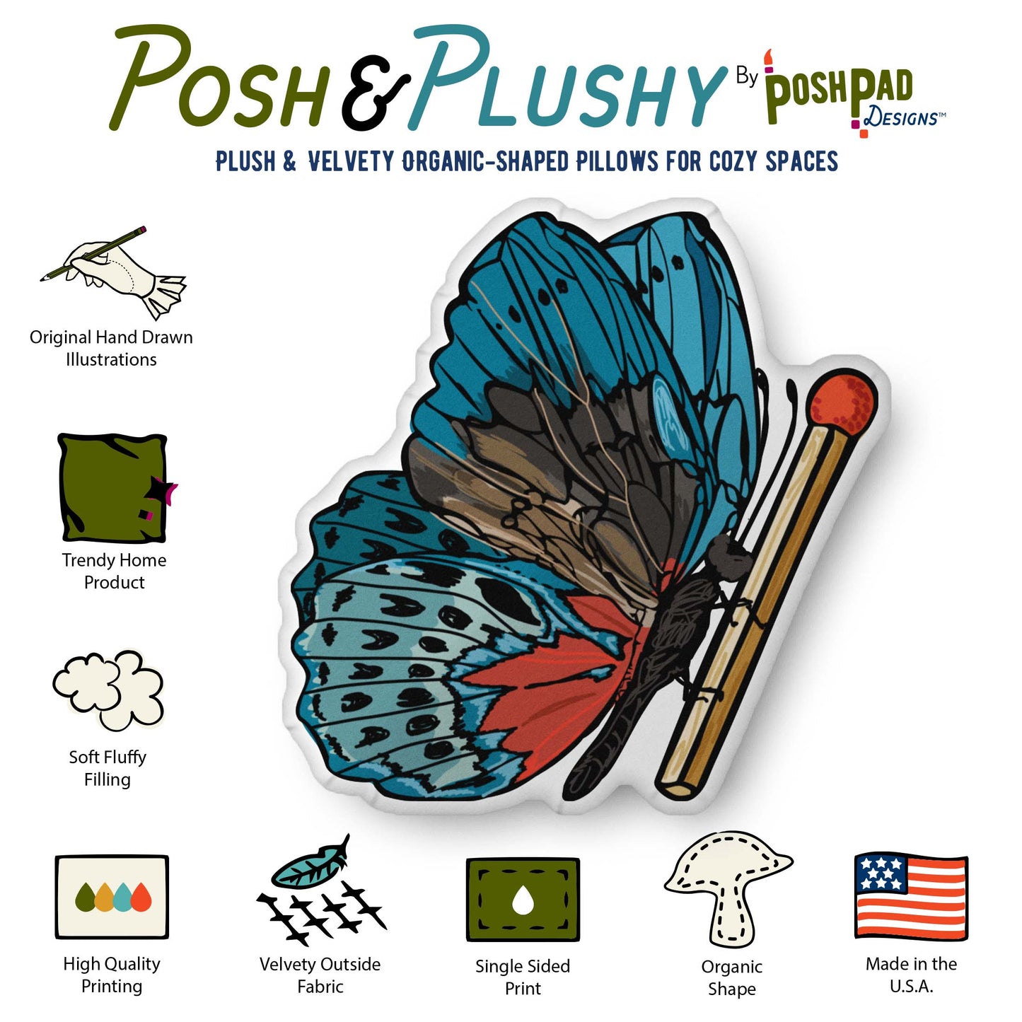 This is an infographic showing the pillow perks and product details. The perks listed are the velvety fabric, plush stuffing, high-quality printing with vibrant inks, and the fact that the product is made in the USA.