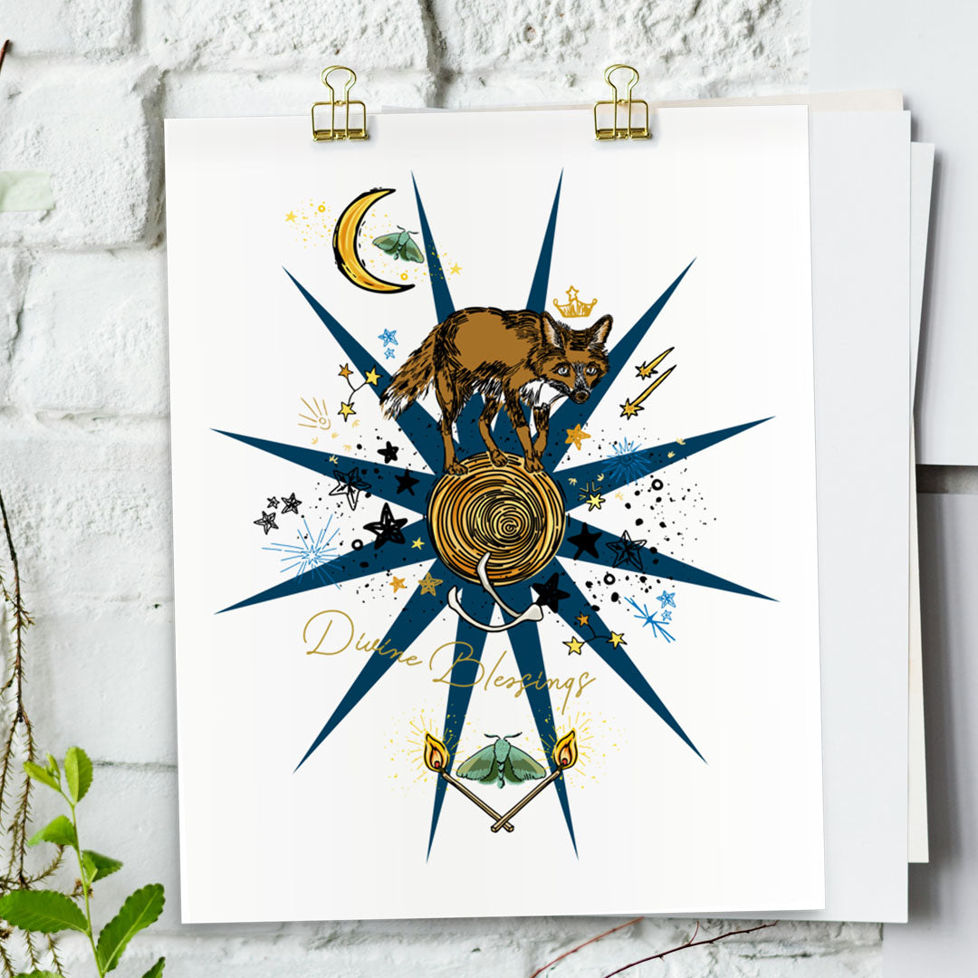 Celestial Fox art print hanging from a white bring wall with gold clips.