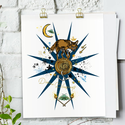 Celestial Fox art print hanging from a white bring wall with gold clips.