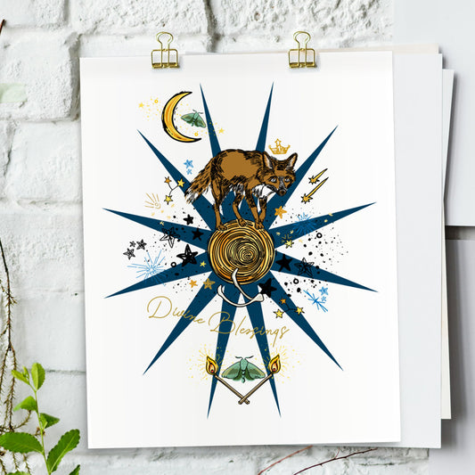 Celestial Fox art print hanging from a white bring wall with gold clips.