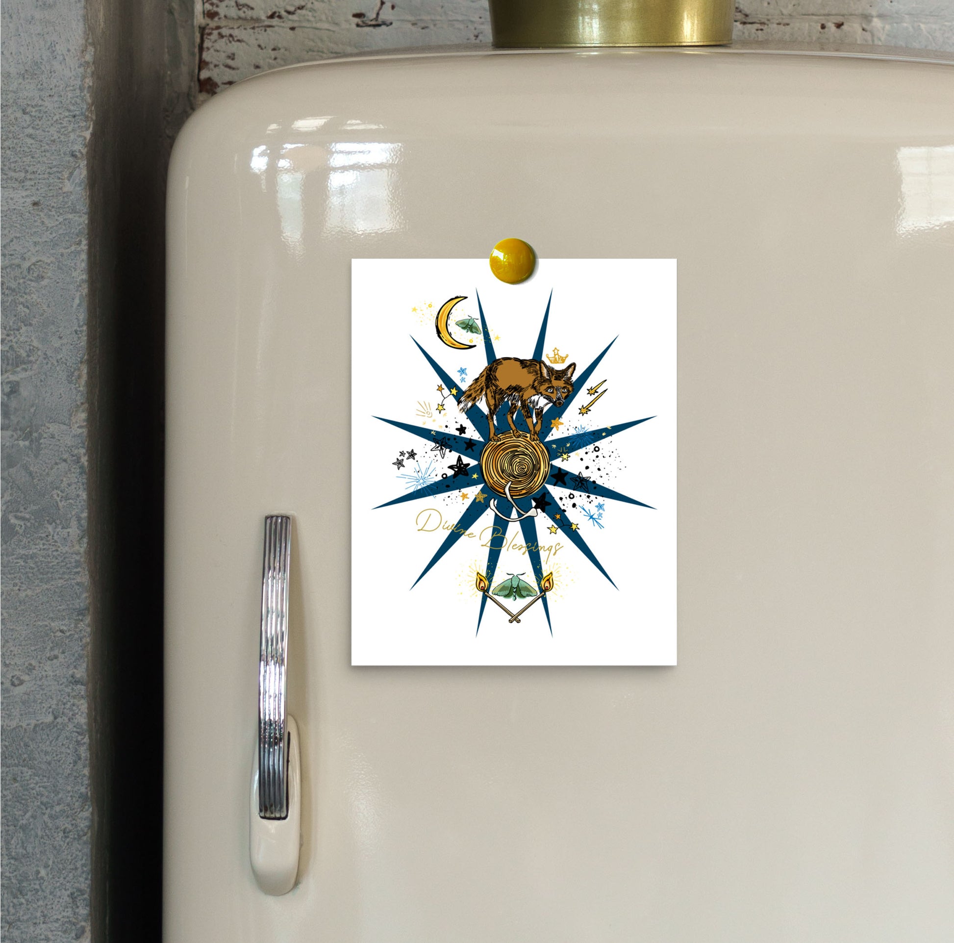 Celestial Fox and Crescent Moon art print hung on a vintage refrigerator door with a magnet.