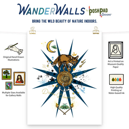 This is an infographic showing the art print in the middle. Icons showing the product perks line up on either side of the poster. Those perks include the availability of three different sizes, the use of high-quality water-based inks, and high-quality paper, and the uniqueness of the art being hand-drawn.