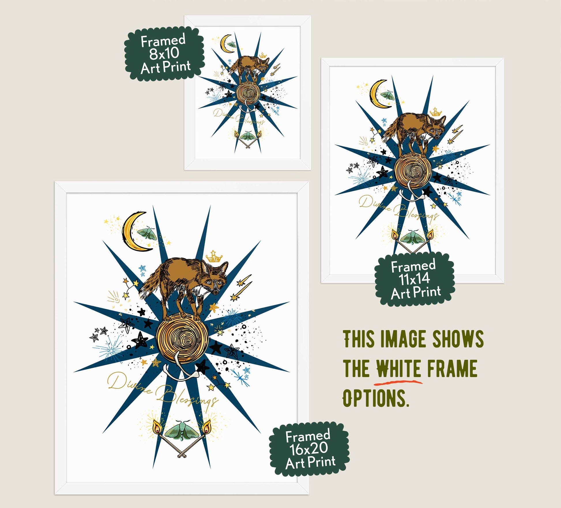 This image shows the three available sizes, which are 8x10, 11x14, and 16x20. This image shows them all in white wood frames.