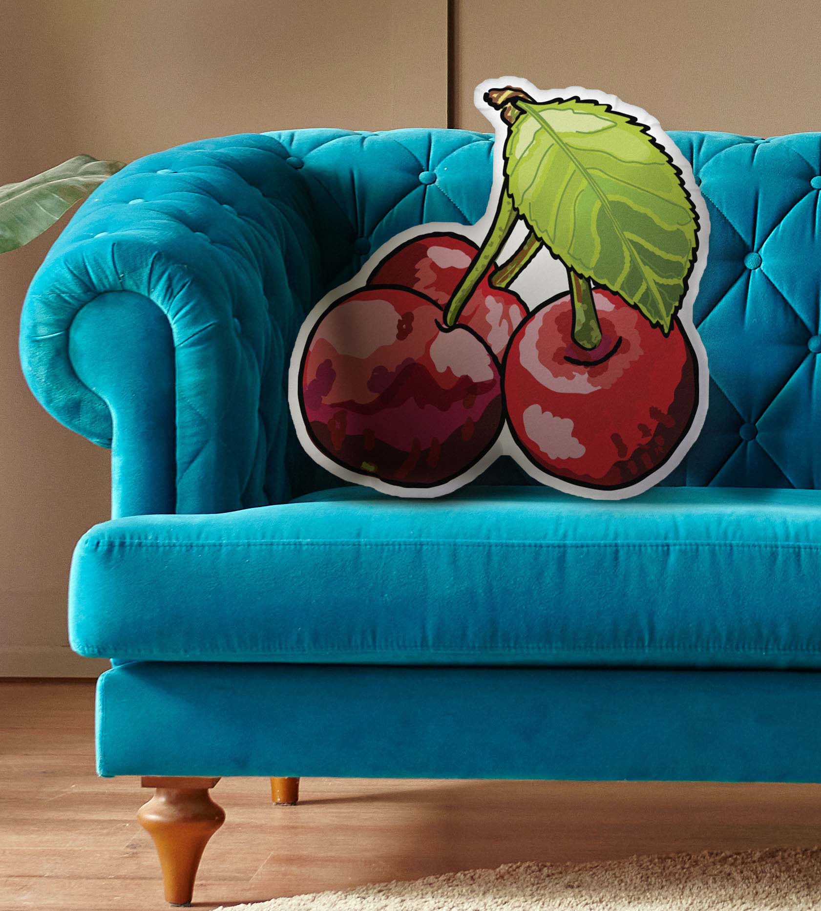 This shows the cherry-shaped pillow on couch.