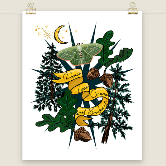 Moonlit Mountain Forest and Moth art print.