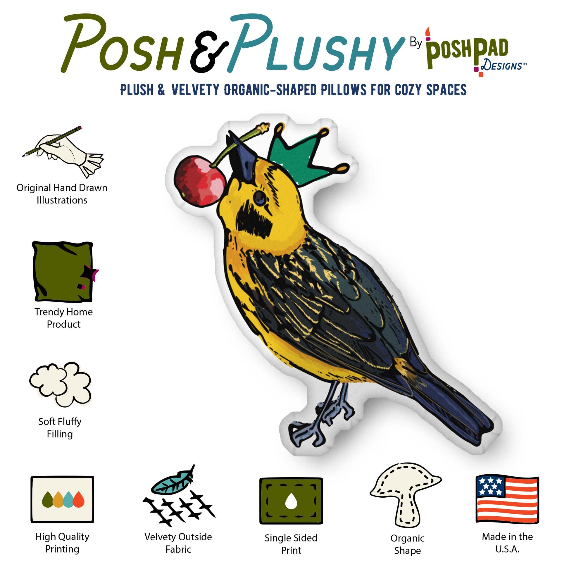 This is an infographic showing the pillow perks and product details. The perks listed are the velvety fabric, plush stuffing, high-quality printing with vibrant inks, and the fact that the product is made in the USA.