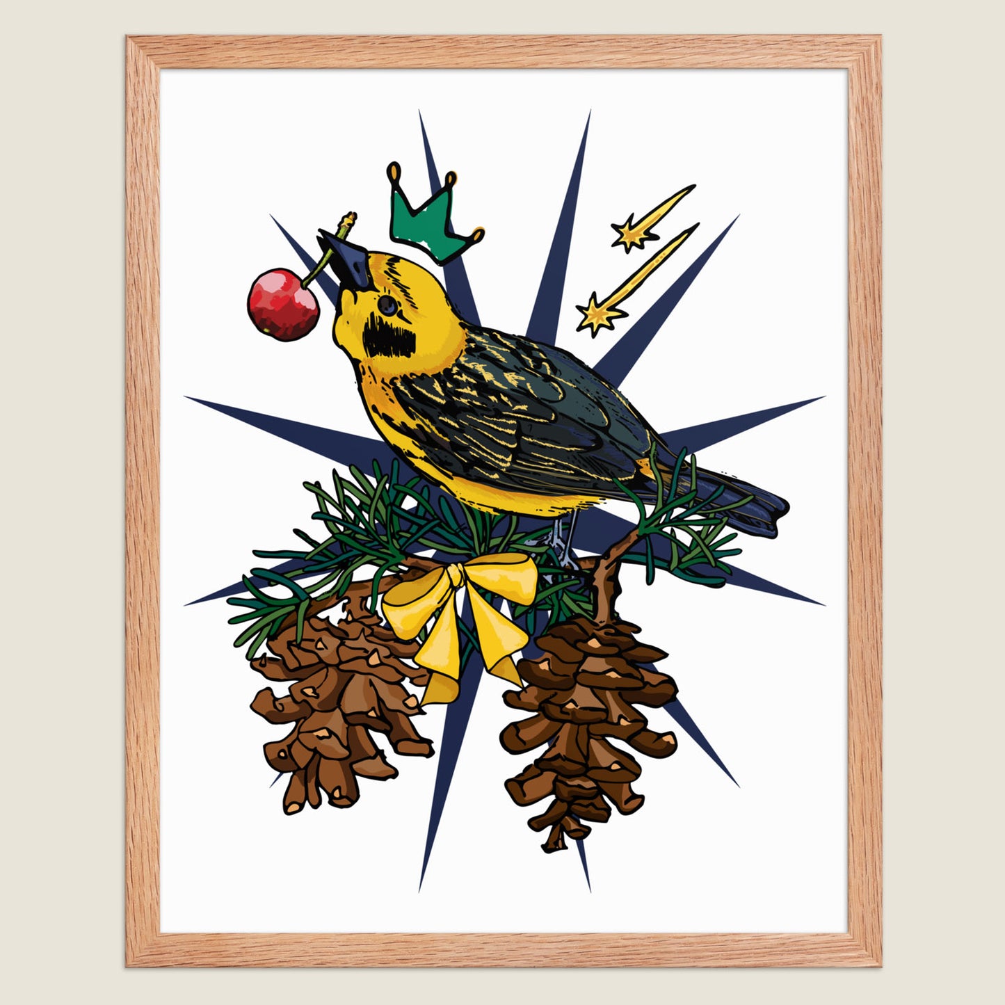 Crowned Golden Finch and Cherry art print in a natural wood frame.