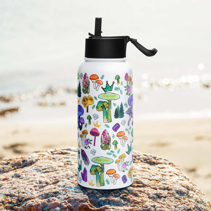 Right side of the Mushrooms & Crystals Insulated Water Bottle with Straw Lid | Wild Mushrooms, Amethyst, Tourmaline, Forest | Outdoorsy Girl Gift