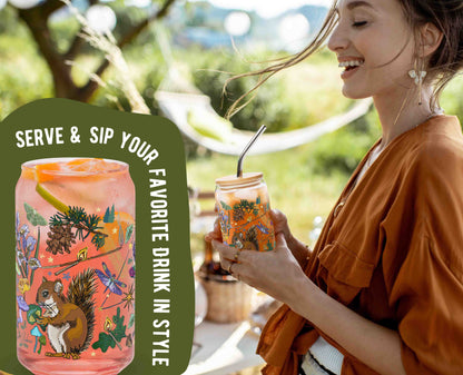 This is a photo of the glass with ice and a pink drink in it. It's laid over an organic green shape with the words "Serve & sip your favorite drink in style" written around the glass. This is laid over a photo of a woman holding the glass at a picnic. 