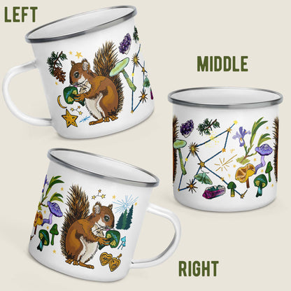 This image shows all sides of the camp mug so you can see how the artwork wraps around. The middle illustrations is the Cygnus constellation, stars, crystals, wild iris, and mushrooms. Both sides have a cheeky squirrel eating a mushroom. The left side has a crescent moon with a lucky star, pinecones, and more mushrooms. The right side has a golden locket with the words "you + me" and some tiny pine trees.