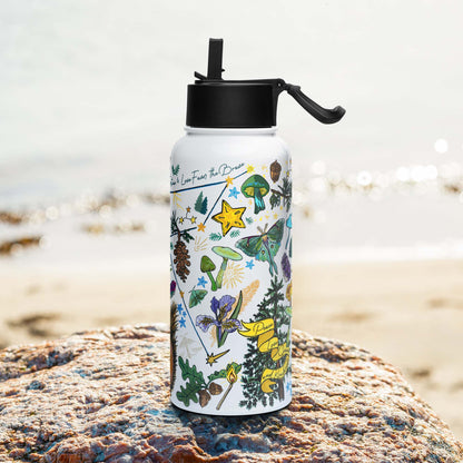 Right side of the Cygnus Stars and Squirrel Insulated Water Bottle with Straw Lid | Lucky Charms, Dragonfly, Crystals, Forest, Mushrooms | Outdoorsy Girl Gift