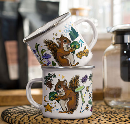 This is a photo of the Cygnus Stars enamel coffee mugs stacked on a kitchen counter sitting beside a coffee pot and bags of coffee.