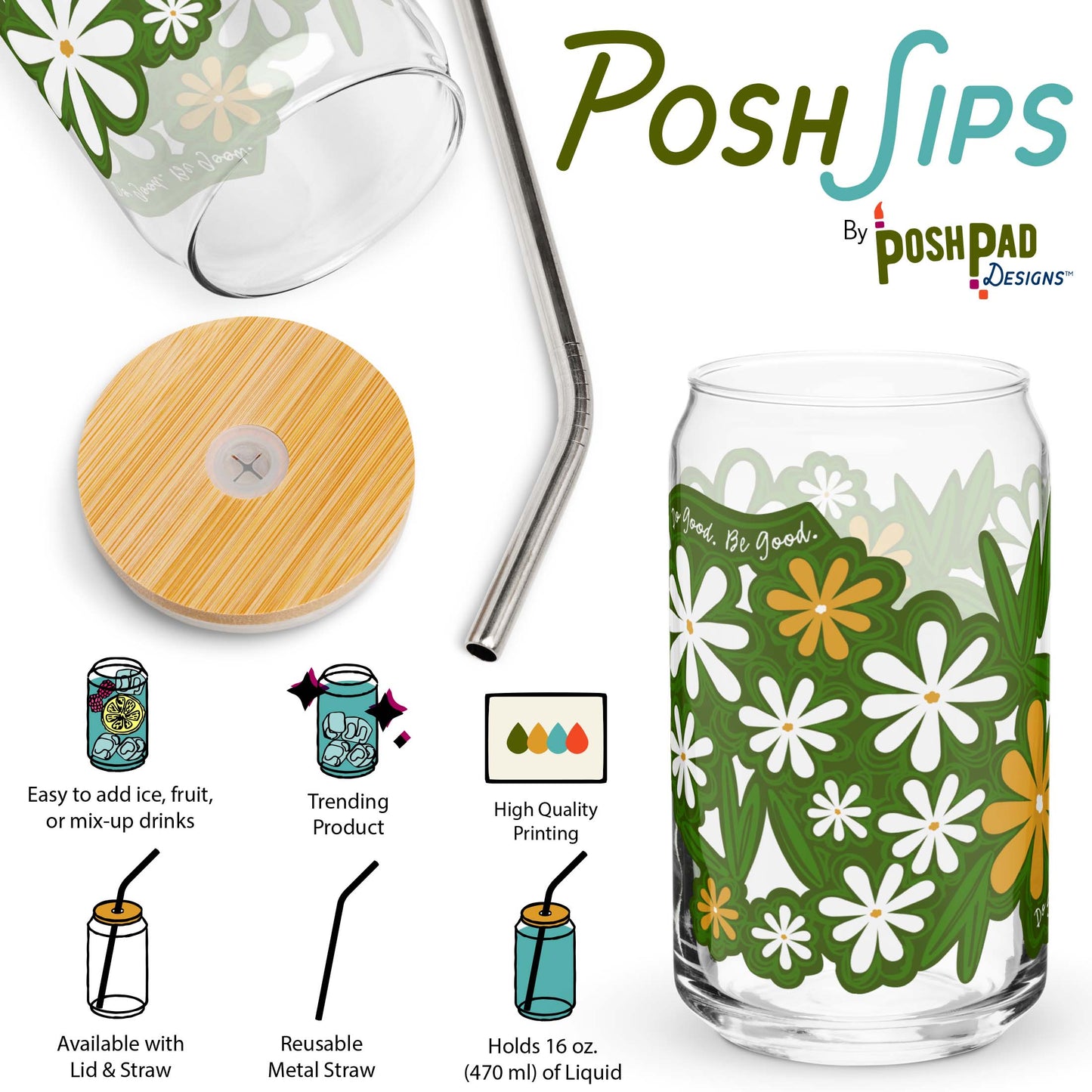 This infographic shows an angle of the glass with the lid and straw sitting beside it and a photo of the glass by itself. Product perks include a wide top that makes it easy to add ice and fruit, high-quality printing, an available option with a reusable metal straw and eco-friendly bamboo lid, and it holds 16 ounces of liquid.