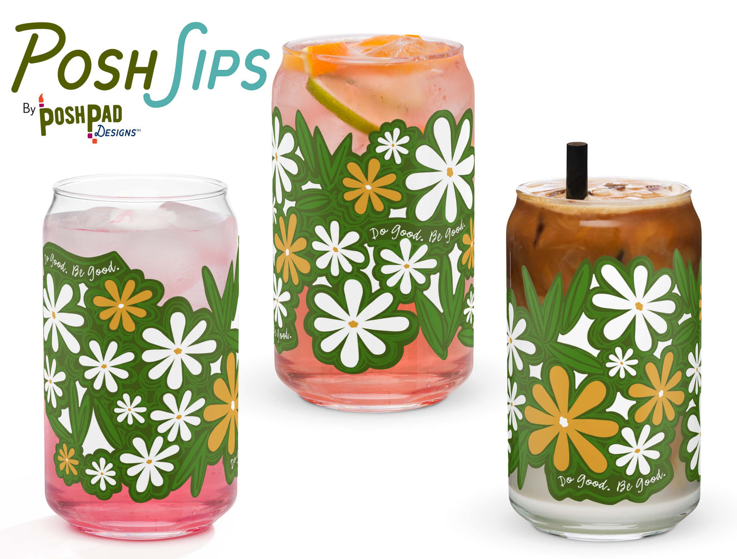 This image shows three glasses, each one with a different drink to show how the glass looks with differently colored liquid in it. There's a glass of pink drink, iced tea, and another with an iced latte.