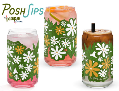 This image shows three glasses, each one with a different drink to show how the glass looks with differently colored liquid in it. There's a glass of pink drink, iced tea, and another with an iced latte.
