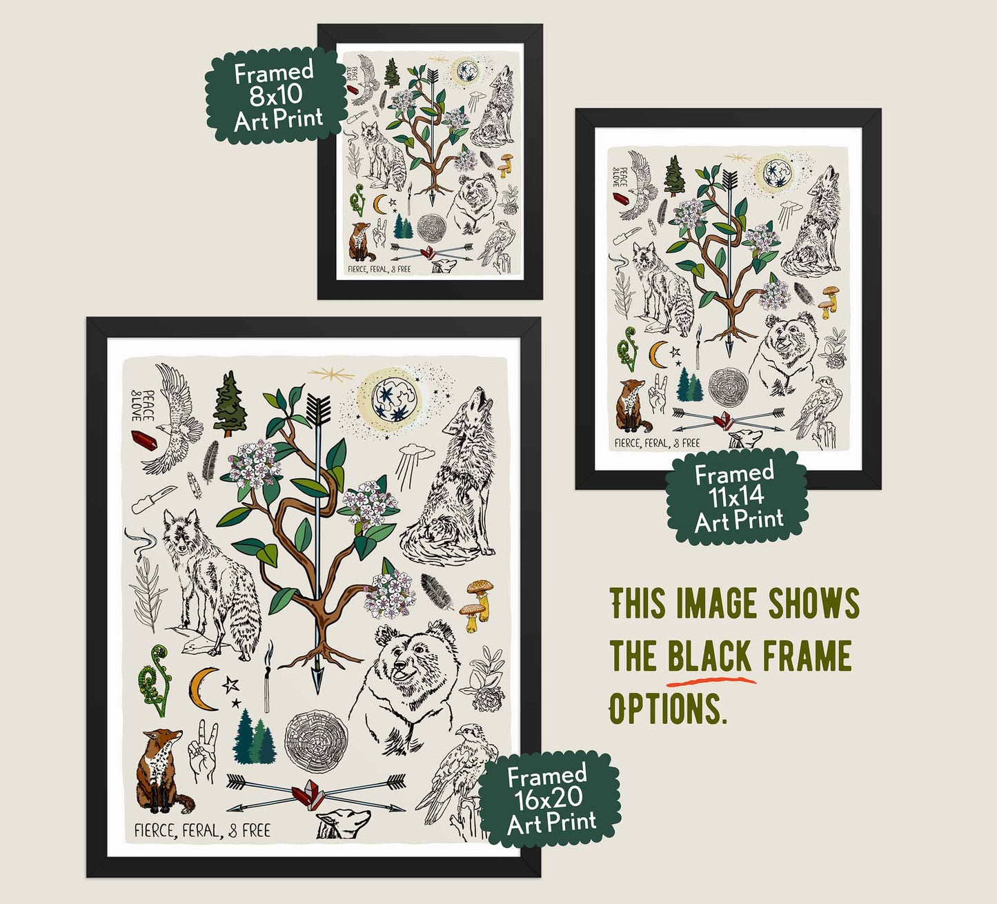 This image shows the three available sizes, which are 8x10, 11x14, and 16x20. This image shows them all in black wood frames.