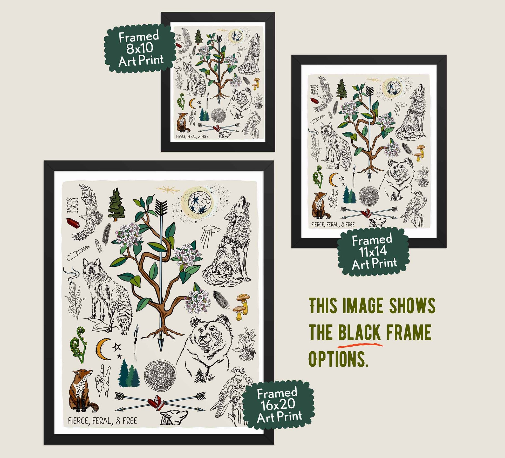This image shows the three available sizes, which are 8x10, 11x14, and 16x20. This image shows them all in black wood frames.