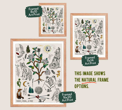 This image shows the three available sizes, which are 8x10, 11x14, and 16x20. This image shows them all in natural wood frames.