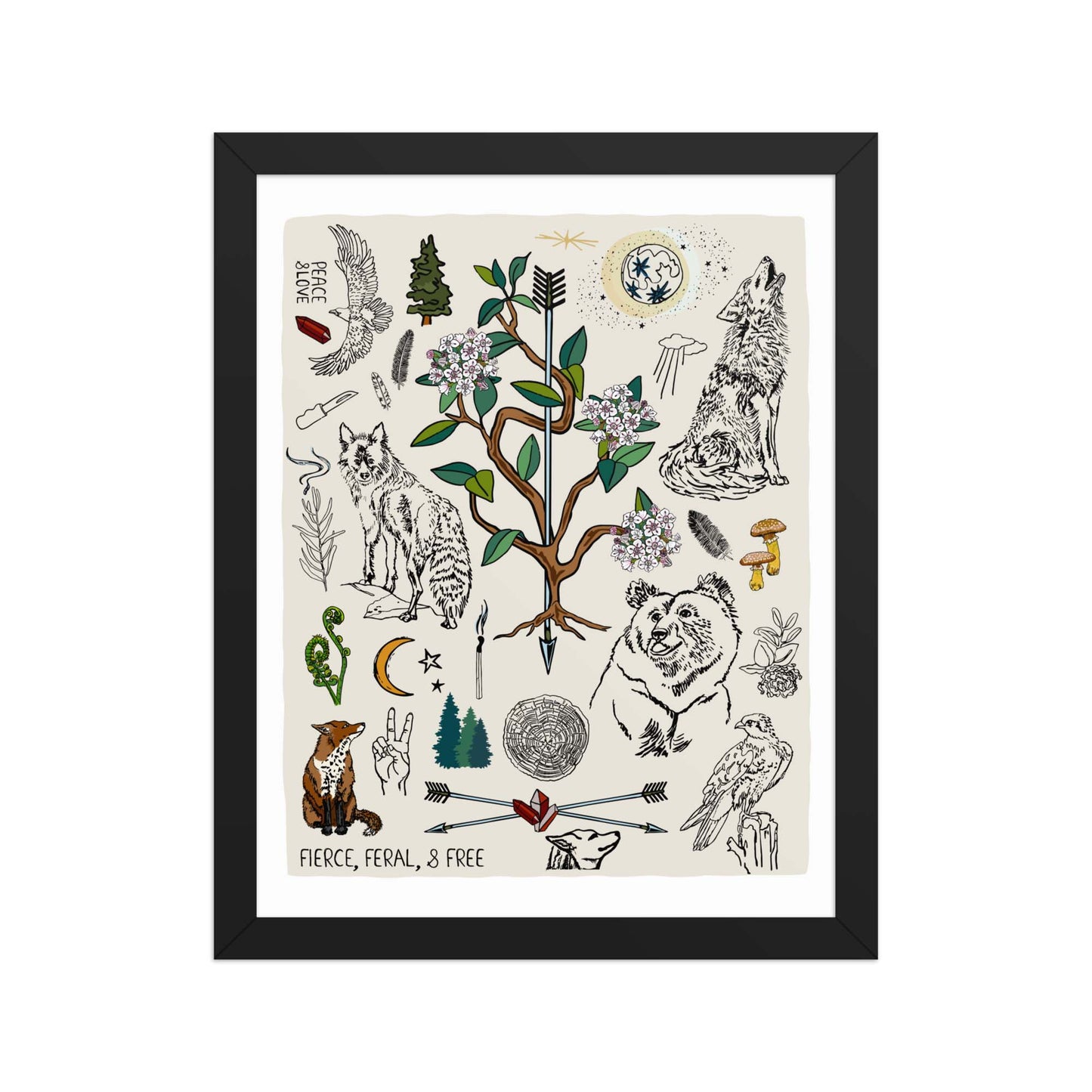 "Fierce, Feral, and Free" artwork with nature-themed illustrations including a bear, wolves, rhododendron, birds, a fox, crescent moon, full moon, mushrooms, arrows, and a pine forest on an ivory background. 11x14 art print, framed in a black wood frame. 